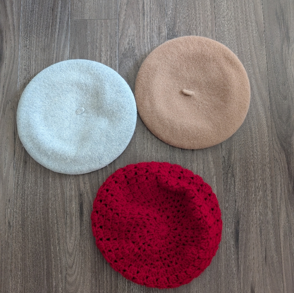 Lot Of 3 Berets- Hand Knit Red, Tan and Gray Wool